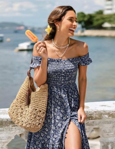 Women Summer Casual Midi Dress Square Neck Button Down Smocked Ruffle Strap Flowy Split Beach Sundress Pockets - color: Blue Floral, size: Small