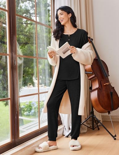 Ekouaer Womens Pajama Sets Long Sleeve Henley Neck Pj Sets Loungewear 2pcs - color: Black, size: Large