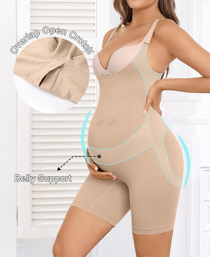 Women's Maternity Bodysuit Seamless Pregnancy Shapewear Shorts Under Dresses Belly Support 1*BLACK+1*NUDE Medium