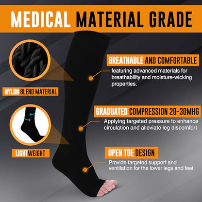 Doc Miller Open Toe Compression Socks 30-40 mmHg for Women & Men, 1 Pair - color: Black, size: Small