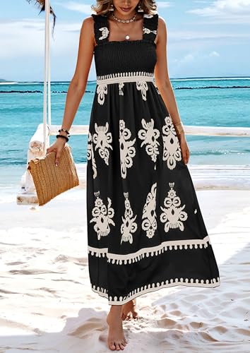 PRETTYGARDEN Women's Sleveless Boho Maxi Dress - color: Floral Black Apricot, size: Medium