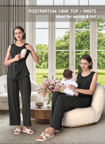 Rnxrbb 3 PCS Nursing Pajamas Robe Set Maternity Postpartum Pjs for Hospital - color: Deep Gray, size: Small