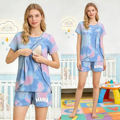 Maternity Nursing 2 Piece Pajama Set Double Layer Breastfeeding Sleepwear - color: A-tie-dye, size: Large