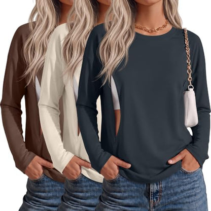 Riyiper 3 Pack Women's Nursing Shirts with Hidden Zippers - color: Charcoal Gray, Cream, Brown, size: XX-Large