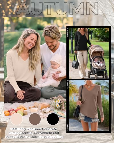 Huukeay 3 Pack Maternity Nursing Tops Breastfeeding Shirts - color: Black, Khaki, Cream, size: Medium