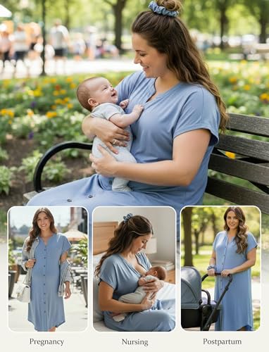PATPAT Maternity Nursing Dress, Womens Button-Down Midi Dress with Pockets - color: Dusty Blue, size: X-Large