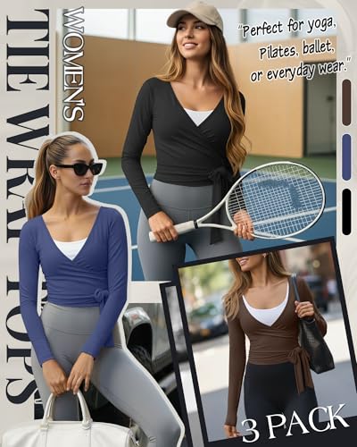 Oakgarden 3 Pack Womens Pilates Ballet Wrap Tops Front Tie Shirt - color: Black, Dark Blue, Coffee, size: Medium