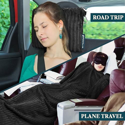 PAVILIA Travel Blanket Pillow, Soft Ribbed Fleece Airplane Blanket, Black - color: Black