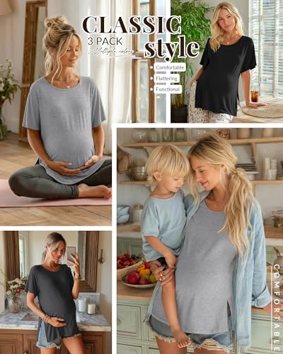 Riyiper 3 Pack Women's Maternity Tunic Cotton Shirts - color: Army Green, Light Mixed Gray, Black, size: Medium