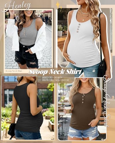 4 Pack Maternity Henley Tank Tops - color: Coffee, White, Light Gray, Black, size: Small