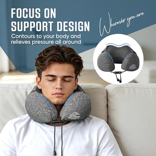 SkytraxComf® Travel Neck Pillow with Hood for Privacy on Long Flights - color: Grey
