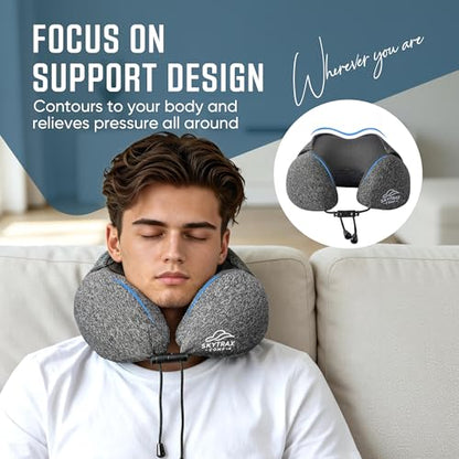 SkytraxComf® Travel Neck Pillow with Hood for Privacy on Long Flights - color: Grey