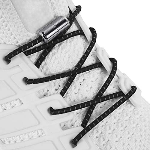 Elastic Shoe Laces - No Tie Shoelaces for All Adult and Kids Sneakers Fits Board Shoes and Casual Shoes (2 Pairs) - color: Black Reflective
