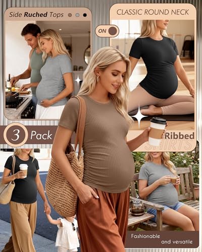 Ficerd 3 Pack Women's Short Sleeve Maternity Shirts - color: Black, Light Heather Gray, Light Coffee, size: Small