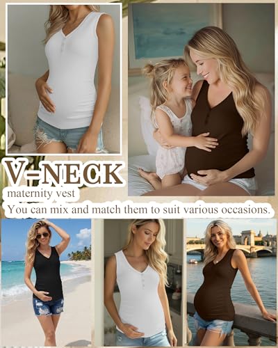 3 Pack Women Maternity Henley Tank Tops - color: Black, White, Coffee, size: X-Large