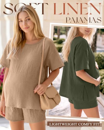 Riyiper 4 Pcs 100% Cotton Maternity Pajamas Sets - color: Khaki, Dark Green, size: Medium