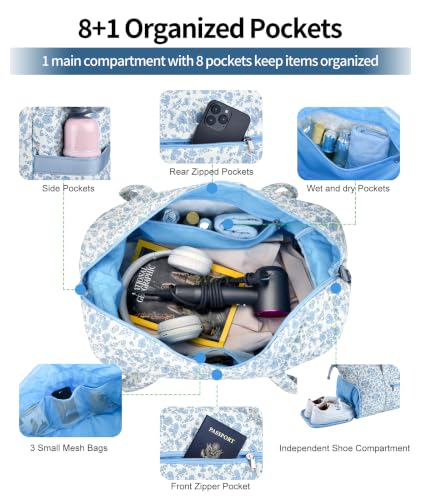 Personalized Quilted Duffle Bag for Travel Gym Weekender Hospital Carry On - color: Blue Flower, size: K