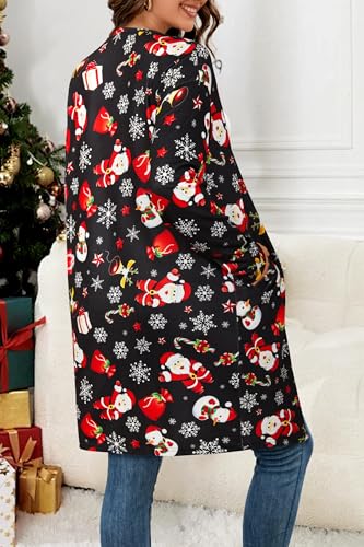 OUGES Women's Open Front Cardigan Shirt with Pockets Long Sleeve Lightweight Coat - color: Black-christmas Santa Claus, size: Large