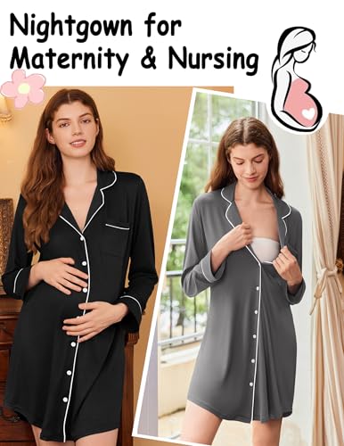 Ekouaer 2 Pack Nightgowns for Women Long Sleeve Button Down Sleep Shirt - color: Black/Grey, size: XX-Large