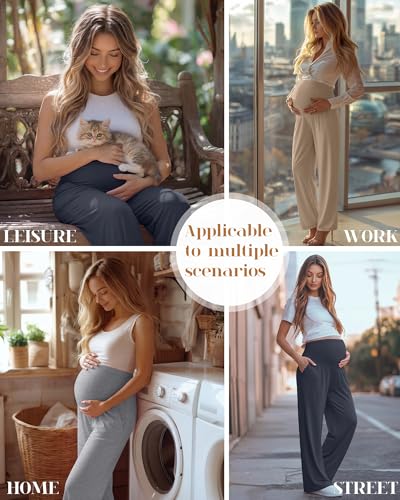 3 Pack Women's Maternity Lounge Pants with Pockets - color: Dark Gray, Light Gray, Khaki, size: X-Large