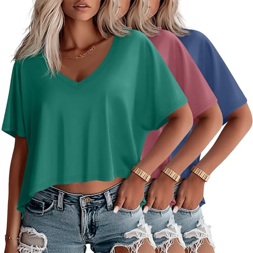 Huukeay 3 Pack Women's Oversized V Neck T Shirts - color: Berry, Dark Green, Hazy Blue, size: X-Large