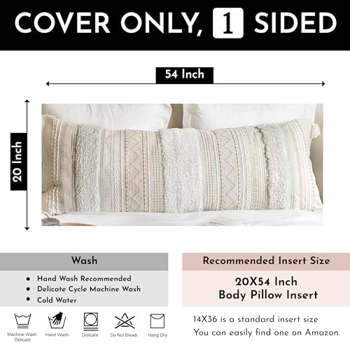 BlissBlush 20X54 Oversized Large Lumbar Pillow Cover for Bed, Rectangular Long Decorative Throw Pillowcase, Cotton Boho Accent Cushion with Tufted Pattern and Tassels, Cream Beige Neutral (Cover Only) - color: Beige, size: 54" x 20" (Pack of 1)