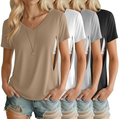 4 Pack Women's Nursing Maternity Shirts - color: Black, Light Gray, White, Khaki, size: X-Large