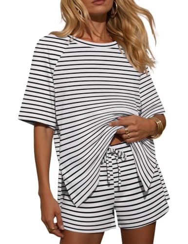 Ekouaer Womens Two Piece Sets Summer Lounge Set Matching Outfits - color: Black White Striped, size: Large