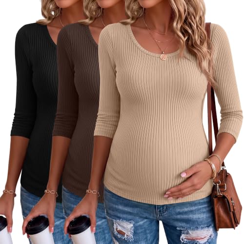 Neer 3 Pack Women's 3/4 Sleeve Crew Neck Maternity Tops - color: Khaki, Brown, Black, size: Medium