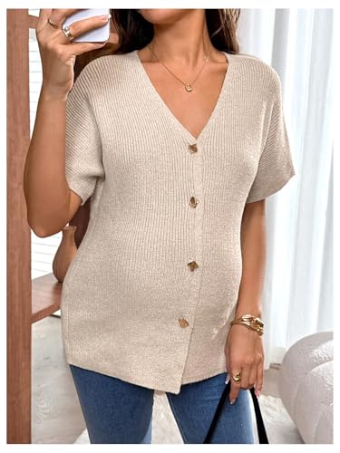 MakeMeChic Women's Maternity Summer Clothes V Neck Sweater Short Sleeve Button Pregnancy Tops - size: Large