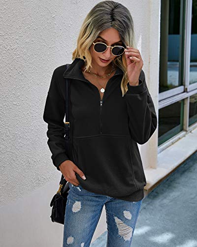 PRETTYGARDEN Women's Casual Long Sleeve Sweatshirt Half Zip Pullover Tops - color: Black, size: X-Large