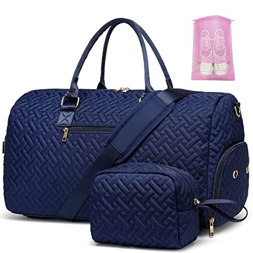 Duffle Bag for Travel, Weekender Bag with Shoe Compartment, Carry On Overnight Bag for Women with Toiletry Bag, Gym Bag with Wet Pocket, Hospital Bags for Labor and Delivery Navy - color: Navy, size: Regular