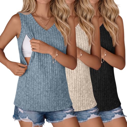 3 Pack Women's Nursing Tank Tops - color: Black, Apricot, Blue, size: Medium