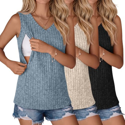 3 Pack Women's Nursing Tank Tops - color: Black, Apricot, Blue, size: XX-Large