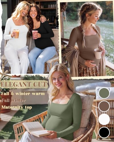 4 Pcs Womens Maternity Long Sleeve Square Neck Shirts - color: Army Green, Coffee, White, Black, size: Medium