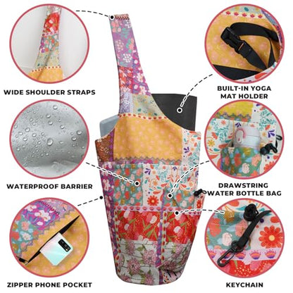 Yoga Mat Bag Carrier for Women Workout Large Waterproof with Zipper Pocket, Keychain and Wide Shoulder Straps - color: boho patchwork