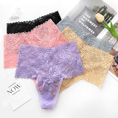 High Waisted Leaf Thick Waistband Lace Cotton Soft Thong Plus Size - color: 5 Pieces Brilliant, size: Small