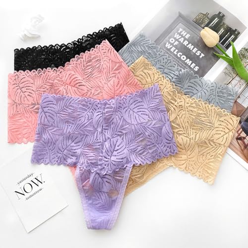 High Waisted Leaf Thick Waistband Lace Cotton Soft Thong Plus Size - color: 5 Pieces Brilliant, size: X-Large