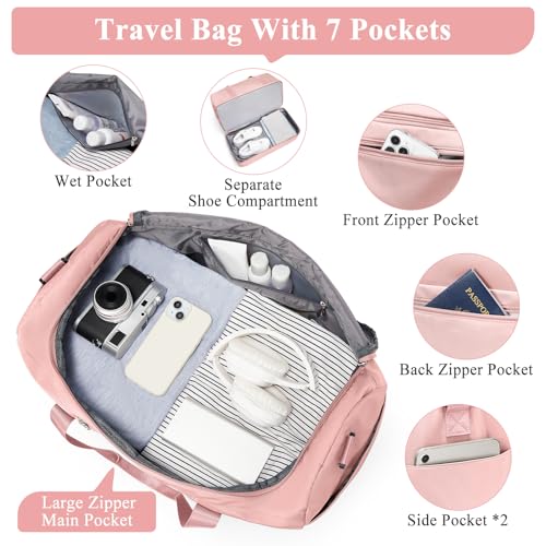 Travel Duffel Bag,Carry-On Overnight Weekender Bags with Shoes Compartment - color: Pink, size: Small