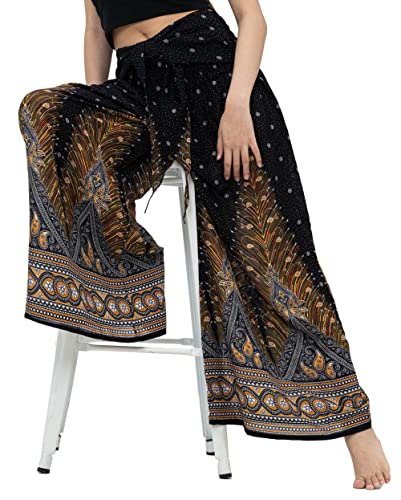 B BANGKOK PANTS Women's Boho Palazzo Pants - color: Black Peacock, size: 16-20 Plus