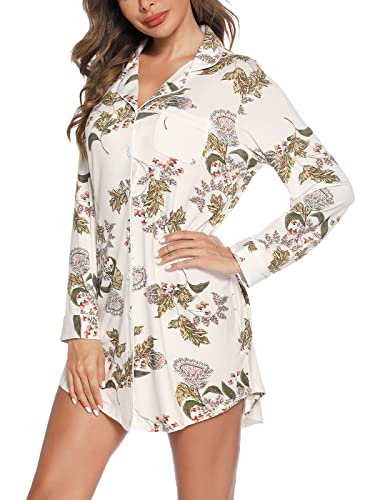 Anjue Long Sleeve Button Down Pajama Nightgowns for Women - color: 101flower, size: Large