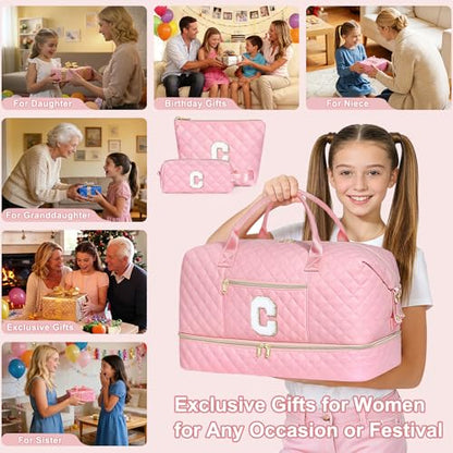 Graduation Gift for Her, Quilted Initial Travel Bag with Shoe Compartment - color: Pink, style: C