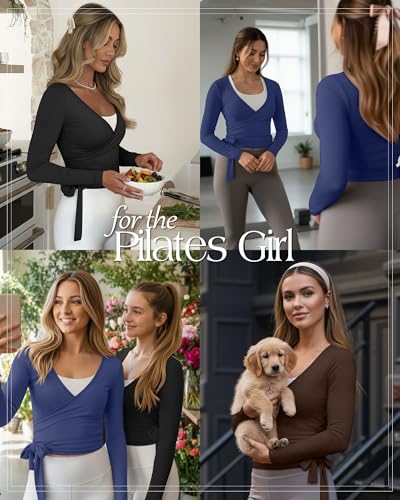 Oakgarden 3 Pack Womens Pilates Ballet Wrap Tops Front Tie Shirt - color: Black, Dark Blue, Coffee, size: Medium
