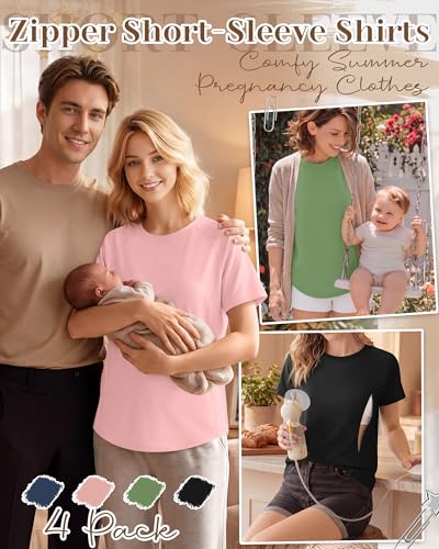 Huukeay 4 Pack Women's Nursing Breastfeeding T-Shirts - color: Haze Blue, Soft Pink, Lime Green, Black, size: Large