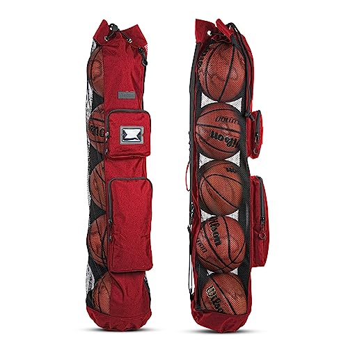 Fitdom Basketball Mesh Ball Bag, Large Equipment Bag with Shoulder Strap - color: Red