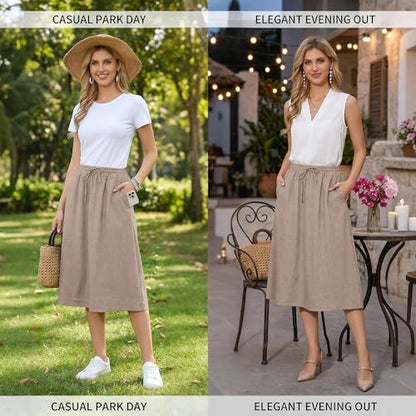 Witsmile Women's Summer Boho High Waist Pleated Flowy Midi Skirt - color: B-01 Beige, size: Small