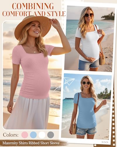Huukeay 4 Pack Women's Short Sleeve Maternity Shirts - color: Heather Gray, White, Light Blue, Pink, size: Large