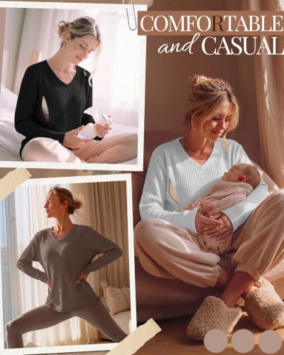 Huukeay 3 Pack Women's Long Sleeve Nursing Breastfeeding Shirts - color: Coffee, White, Black, size: Medium