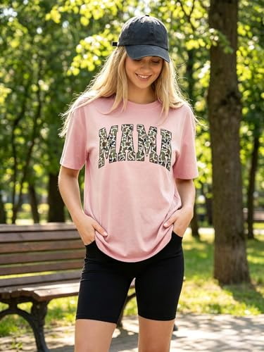 Oversized Mama Shirts for Women Camo Mama Letter Print Tshirt Mom Life Tops - color: Pink, size: Medium