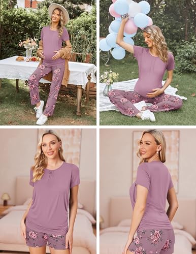 Ekouaer Maternity Nursing Pajamas Set 3 Piece Postpartum Breastfeeding Pjs - color: Floral Lilac, size: Small
